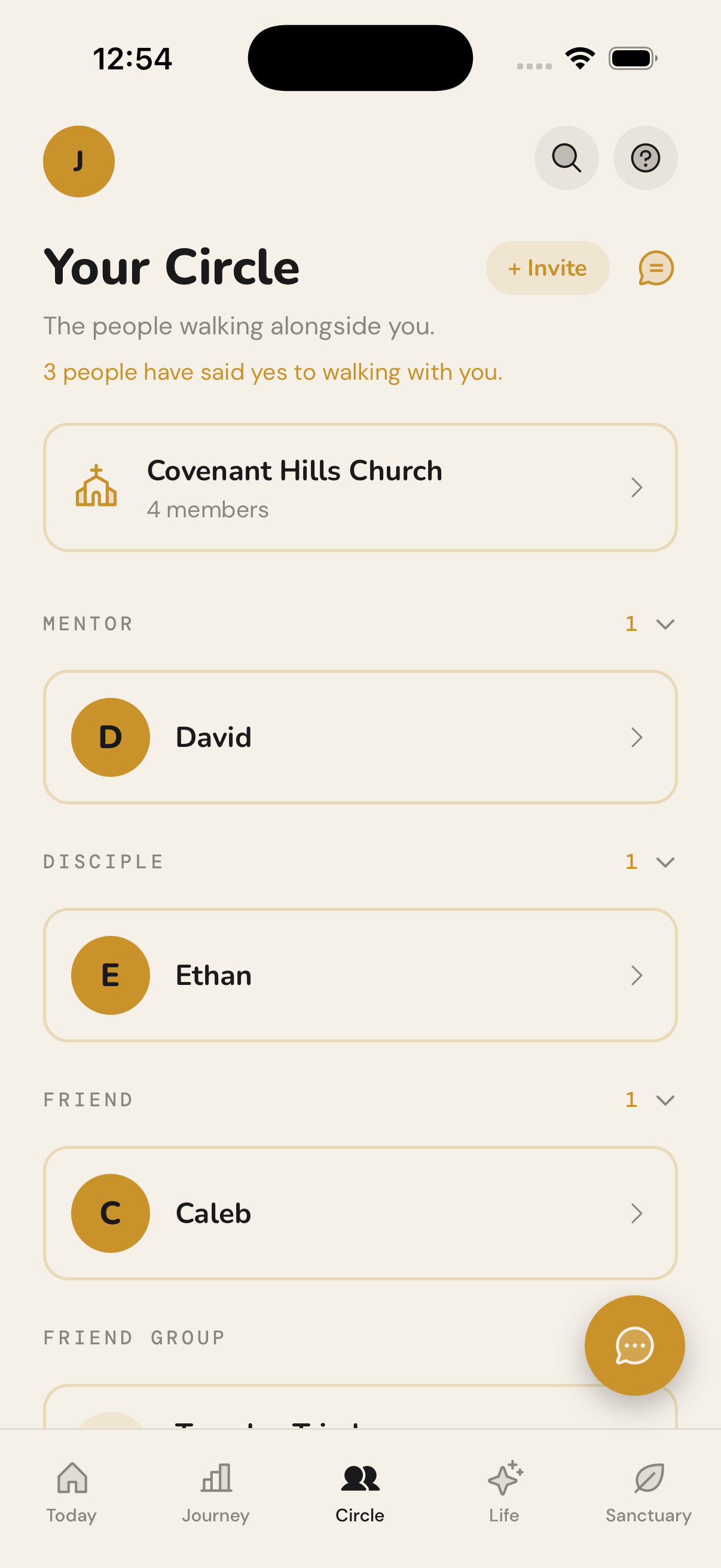 Your Circle: The Summit Church, Conway with 2 members, and Mark listed as Discipler