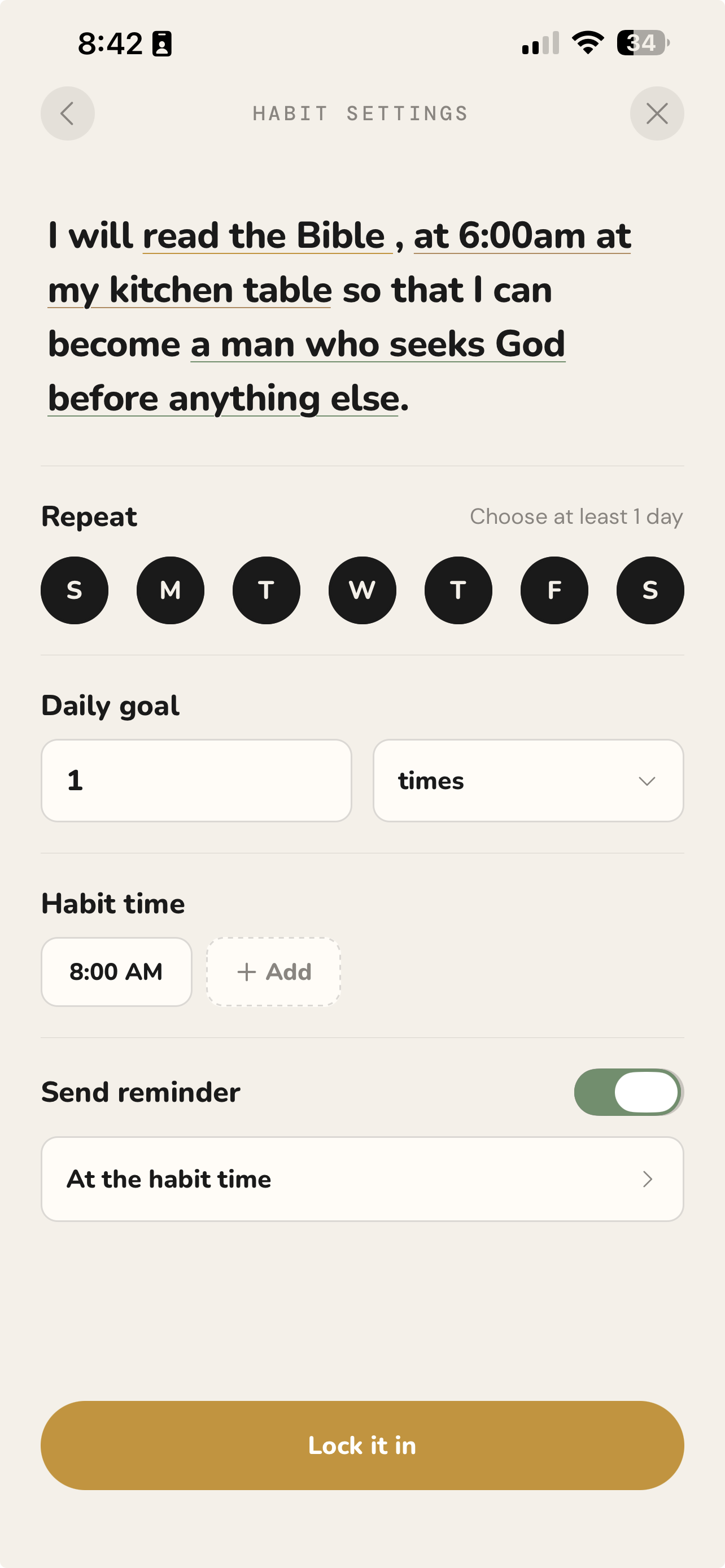 Habit builder screen: I will read the Bible at 6am at my kitchen table