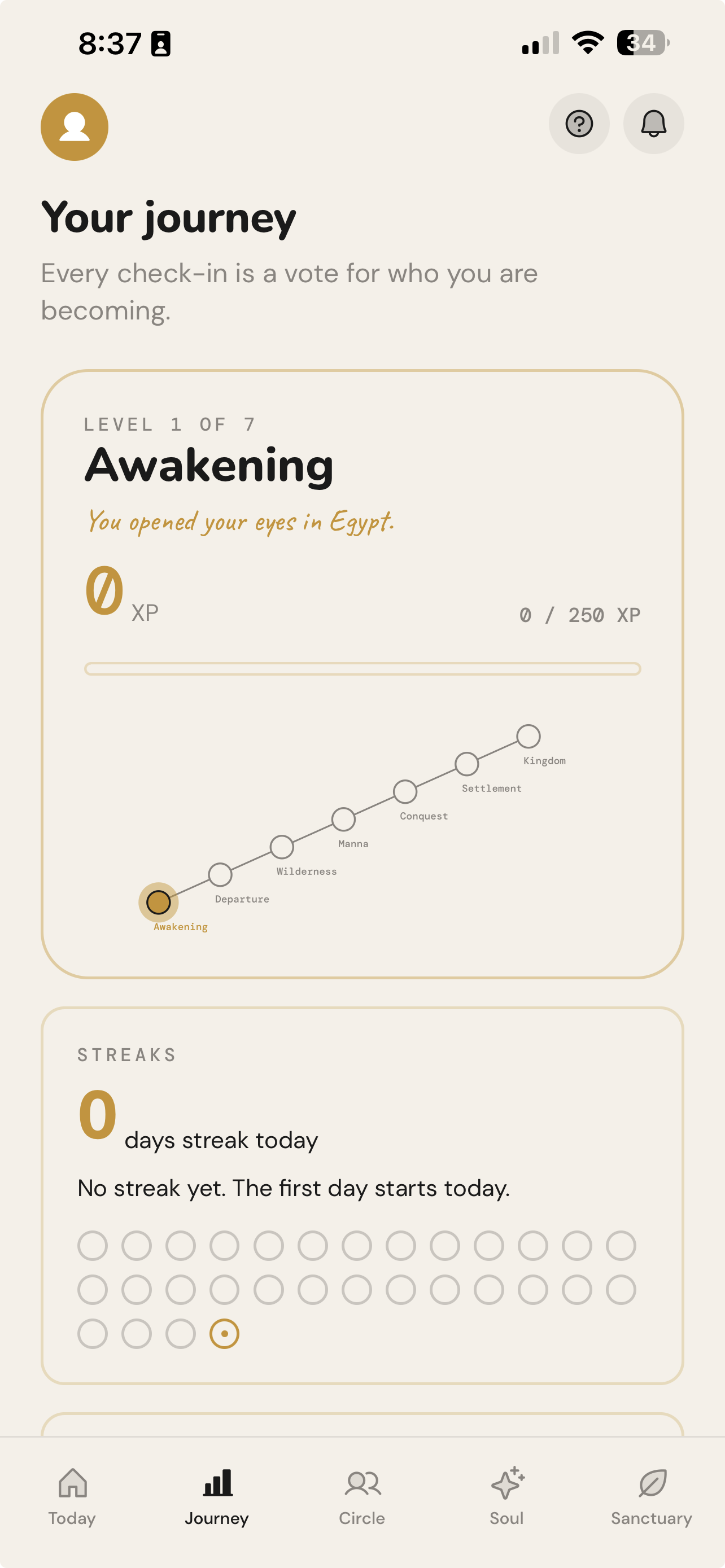 Journey screen showing Awakening level and quest progression map