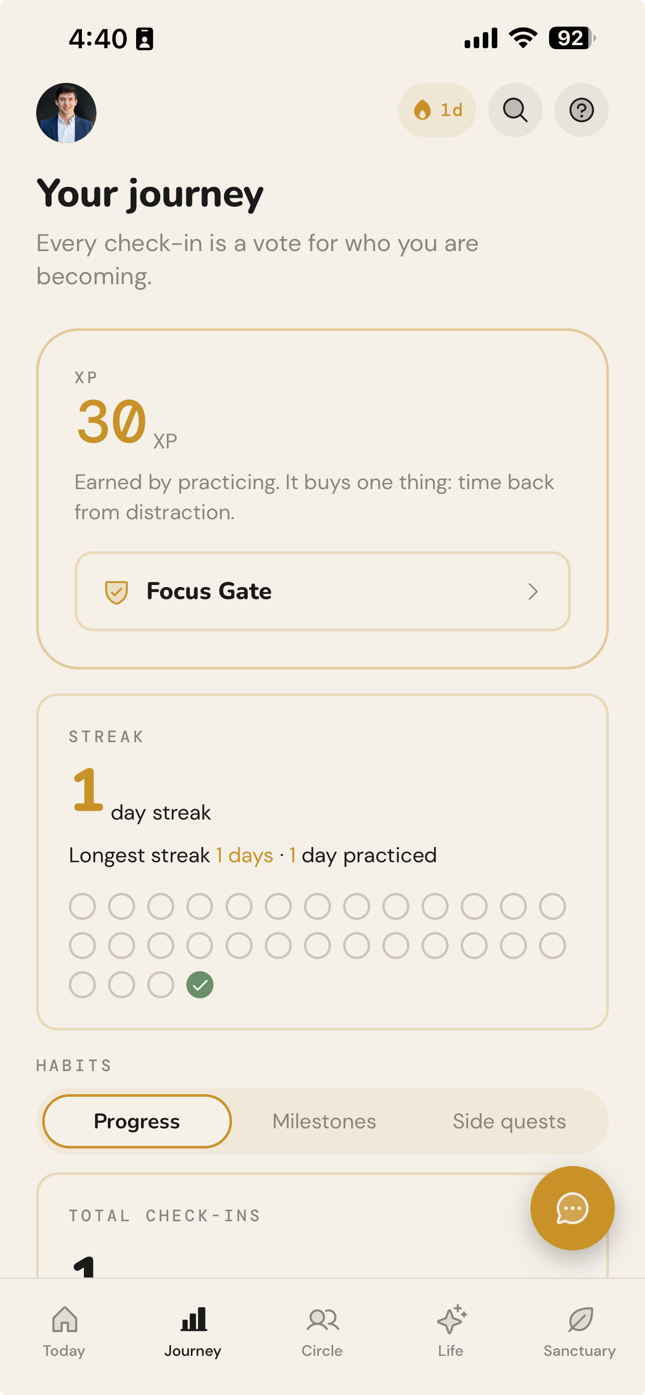 Your journey: 30 XP earned by practicing, a 1 day streak, and the Focus Gate