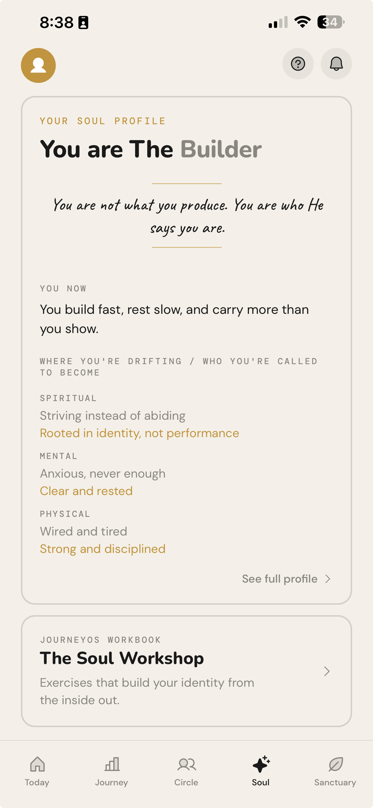 Soul Profile screen showing your calling as The Builder