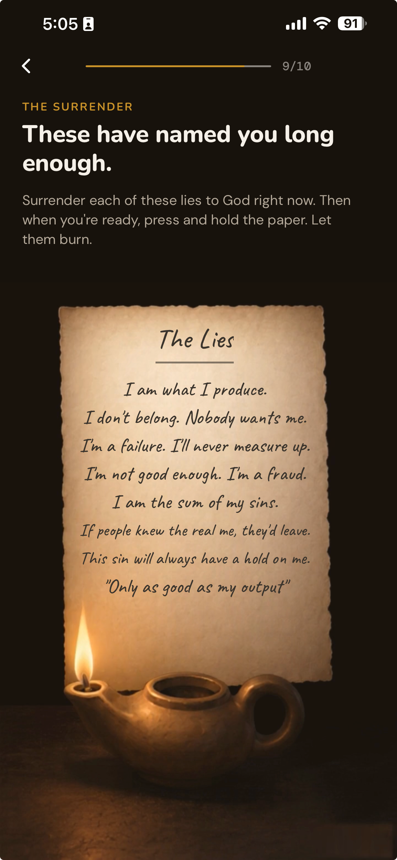 The Surrender: the lies that have named you, written on paper beside an oil lamp, ready to burn